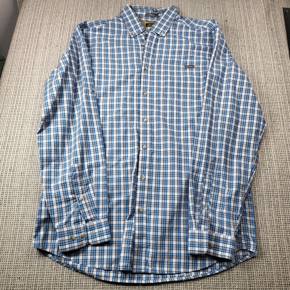 Eddie Bauer Shirt Mens LT Blue Plaid Long Sleeve Button Front Classic Fit